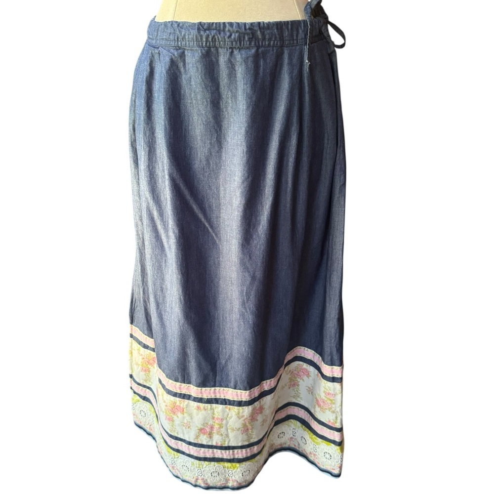 1990s Chambray Floral Trim Waist Tie & Hip Zip On Each Side Maxi Skirt